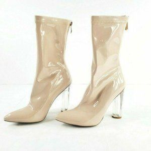Nude Patent Pointed Toe Block Clear Heels Booties